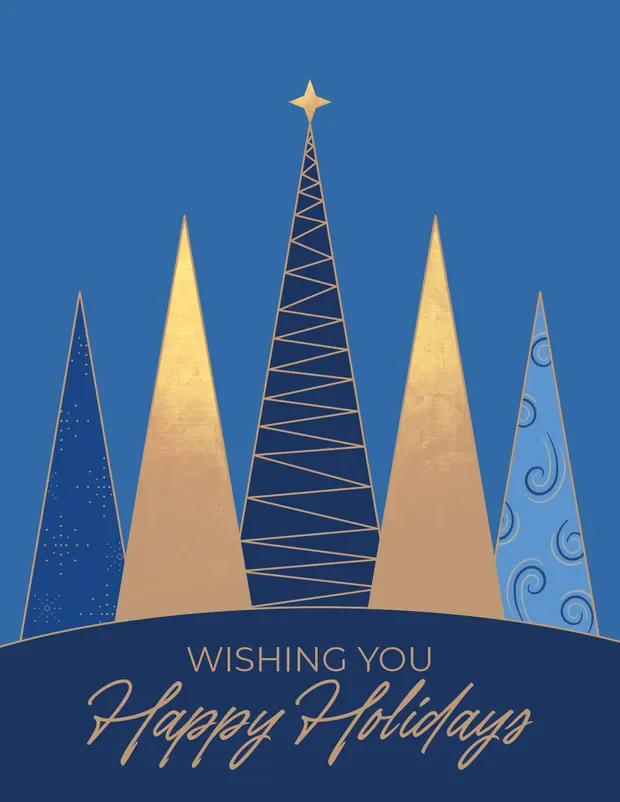 Happy Holidays card with gold and blue trees.
