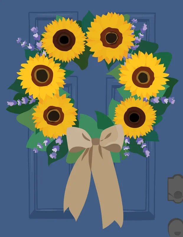 Card with a sunflower wreath on a blue front door.