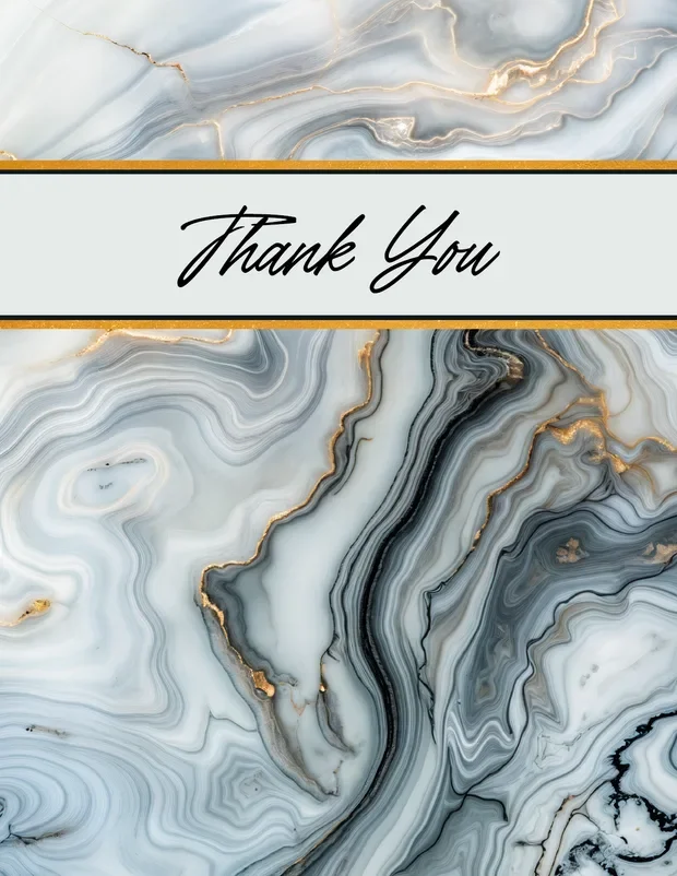 Thank-you card with a marble pattern and a gold band.