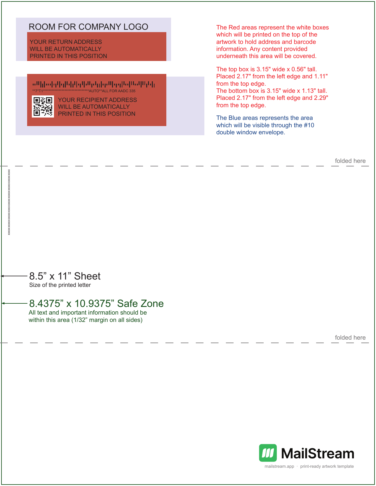 MailStream 8.5×11 letter template showing the address block, window areas, fold lines, and safe zone