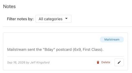 Planning Center profile Notes tab showing a note in the Mailstream category that reads: Mailstream sent the Bday postcard (6x9, First Class)