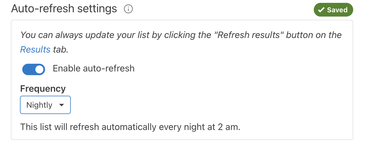 Planning Center List Settings tab with Enable auto-refresh switched on and Frequency set to Nightly