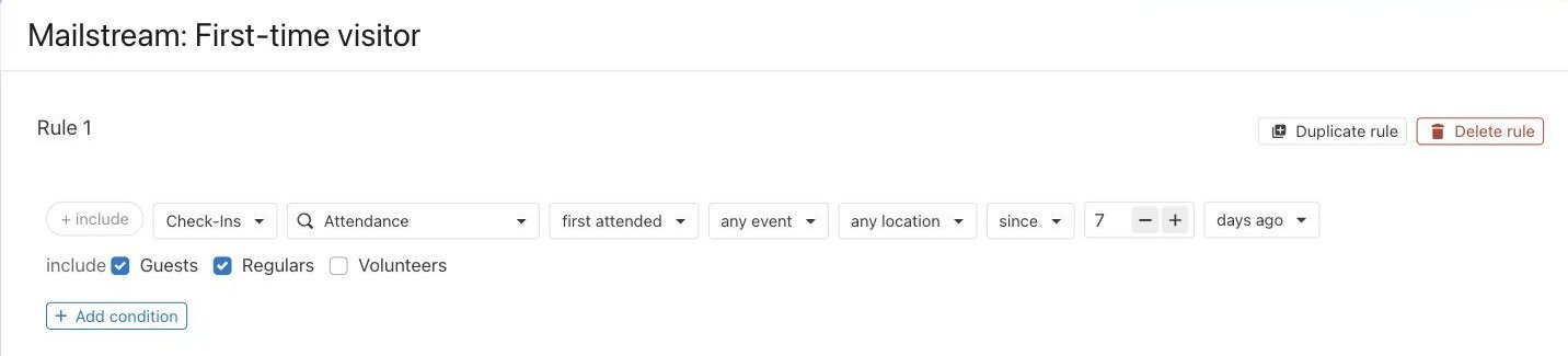 Planning Center List rule: Check-Ins, Attendance, first attended, any event, any location, since 7 days ago, including Guests and Regulars