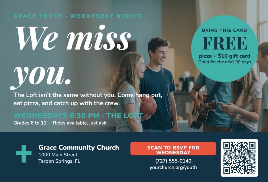 We Miss You church postcard front, one of the templates that ships with the Planning Center integration