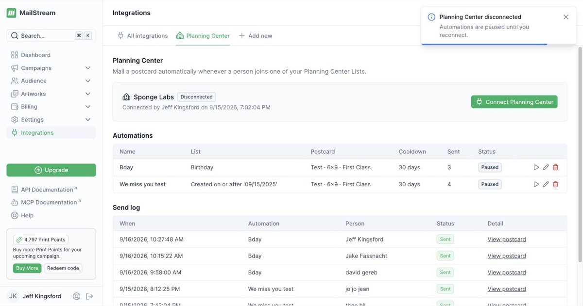 MailStream Integrations page with the Planning Center tab open and the green Connect Planning Center button at the top right