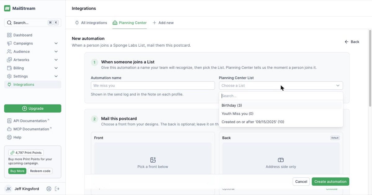 MailStream New automation form with the Automation name field and the Planning Center List dropdown open showing Lists and their member counts