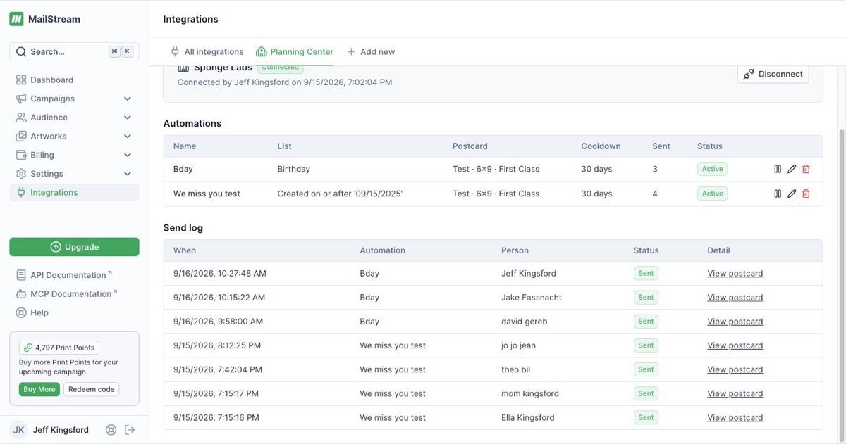 MailStream Planning Center page showing active automations and a send log with Sent statuses and View postcard links